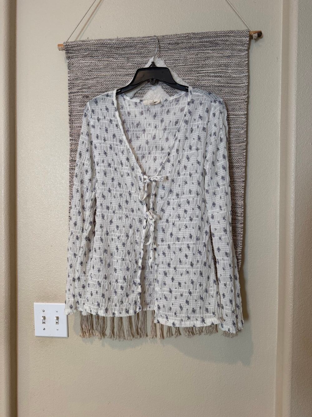 HT Floral Textured Tie Front Cardigan Women M White Lavender Boho Cottagecore